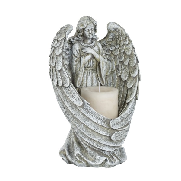 Poly Trauer-Engel für Grabkerze, 18x15x h28 cm, grau antik