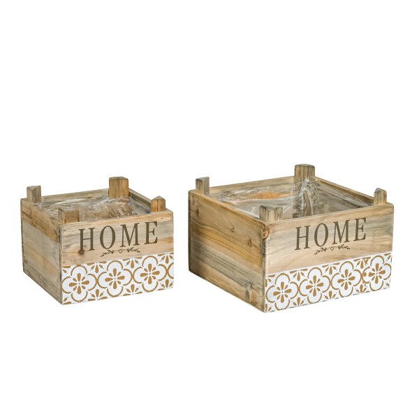 Holz Pflanz-Kiste quadratisch Home Set/2, 15x15xh10 / 19x19xh11 cm