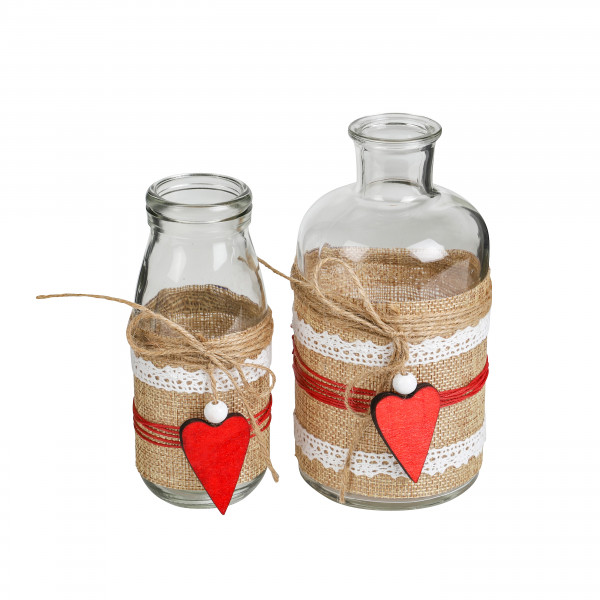 Glas-Vase mit Jute&Band und rotem Herz