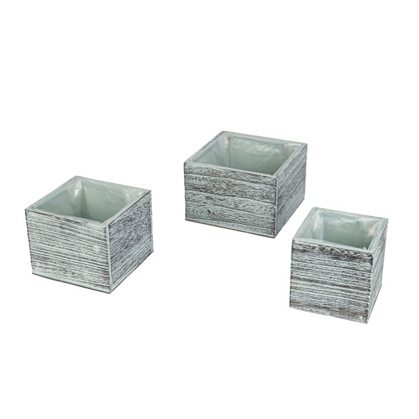 Holz Pflanz-Kiste quadratisch, Set/3 blau-antik, 12x12/15x15/18x18 cm