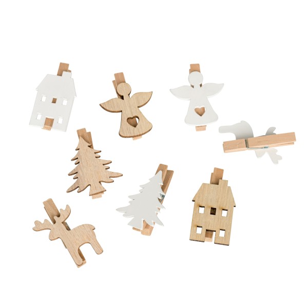 Weihnachtsmotive Wäscheklammer, Holz Btl./8 St. sort., natur-weiß, 3.5 cm