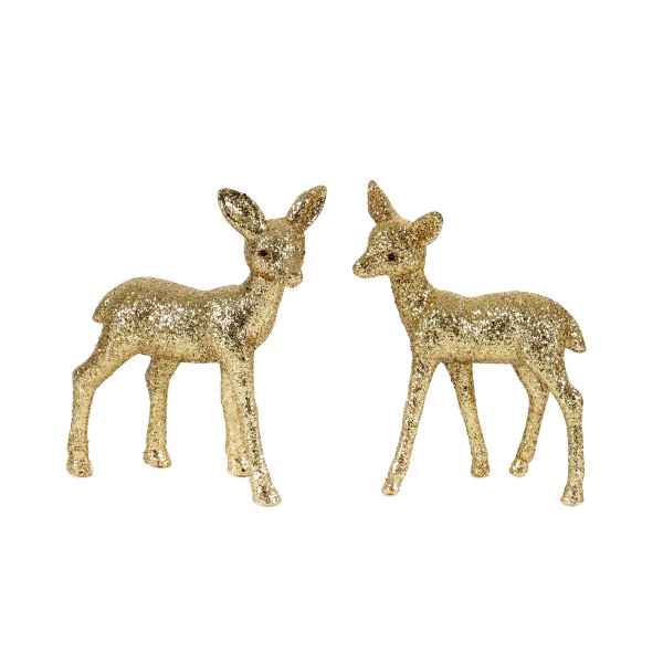 Deko Reh, Kunststoff beglimmert gold, 12,5 cm 2 Modelle