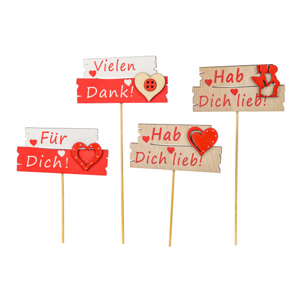 Holzstecker zum Thema Liebe/Danke, rot- weiß/rot-natur,4Mod sort, Stecker 35cm