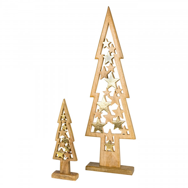 Holzbaum stehend mit Holo-Sterndekor, gold-natur