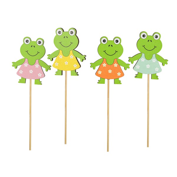 Holzstecker Frosch lustig, grün,farbiges Kleid, 4Farb sort, 6x7cm Stecker 35cm