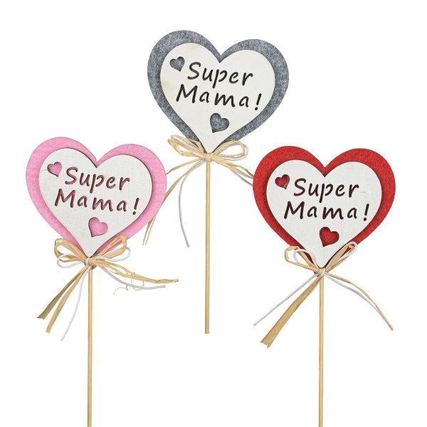 Holz/Filz-Stecker Herz Super Mama 7,5x6cm, 3Farb,sort, Stecker 35cm