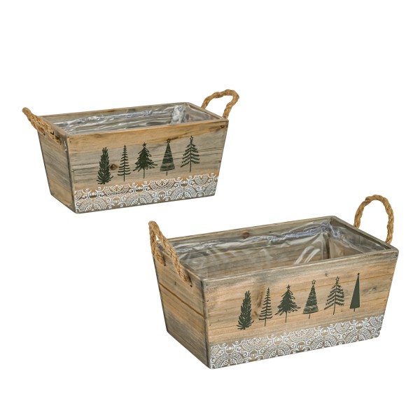 Holz-Kiste rechteckig, S/2, Baum-Design und Jutegriffen,21x12h10/25x15h11 cm