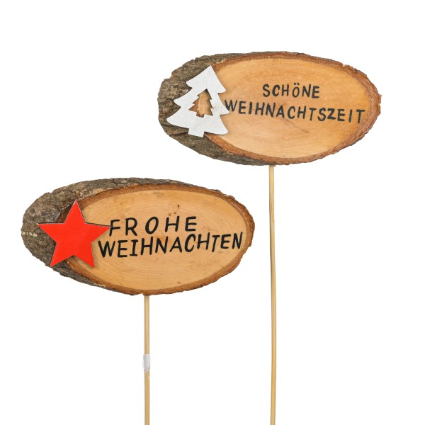 Holz-Baumscheibe am Pick natur, mit Text 2 Mod,sortiert D9,5cm L35cm