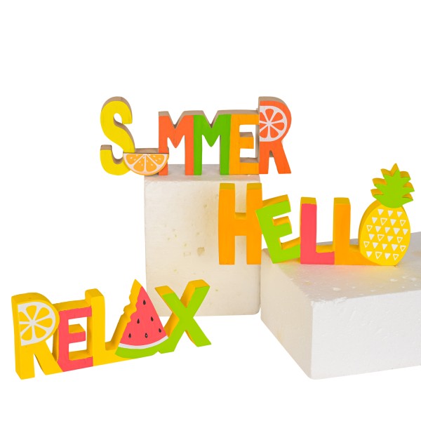 Schriftzüge, Holz, 20x8x3cm, bunt Summer, Hello, Relax