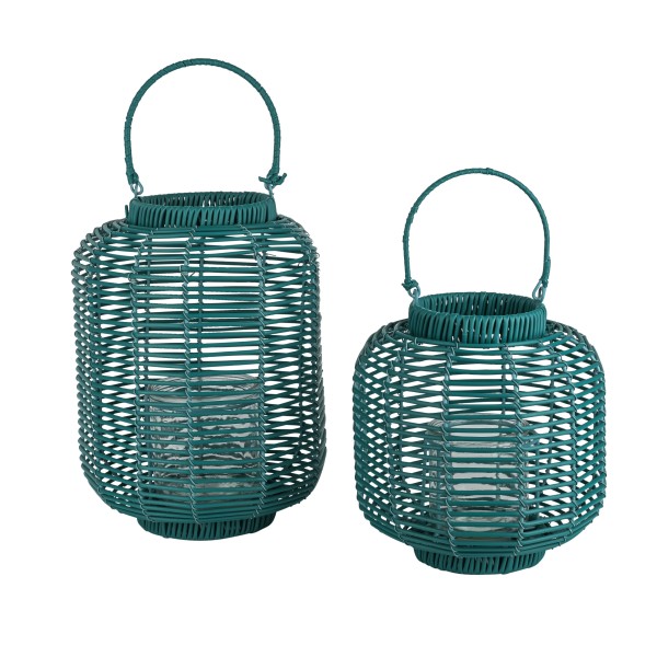 Poly-Rattan Laterne mit Glaseinsatz aqua-blau