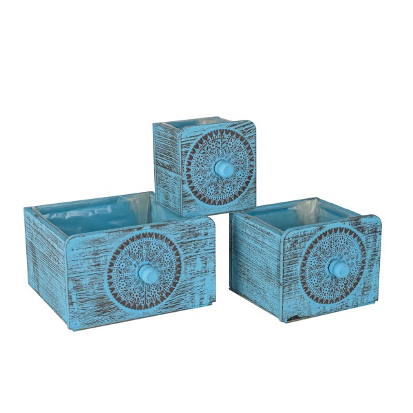 Holz Pflanzkasten quadratisch m Ornament blau-antik, Set/3 11x11/15x15/20x20 cm