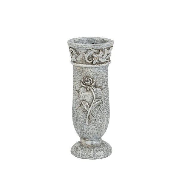 Poly Friedhofs-Vase auf Sockel, mit Herz und Rose, 6,5xh16cm grau-antik