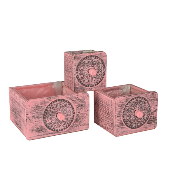 Holz Pflanzkasten quadratisch m Ornament rosa-antik, Set/3 11x11/15x15/20x20 cm