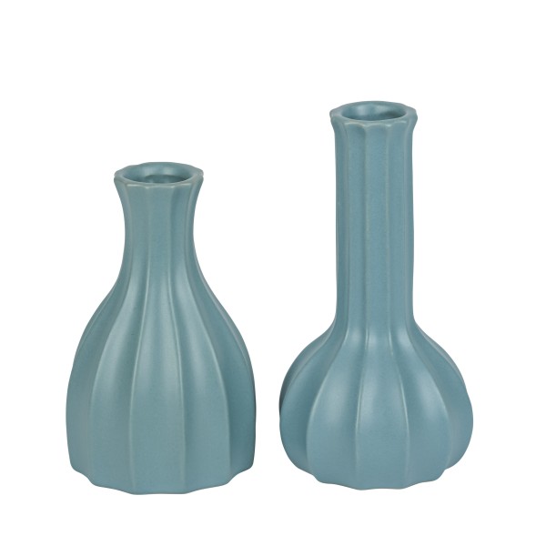 Keramik-Vase gewellt, 2 Modelle sortiert 9,5xh15/17,5cm, grau-blau matt glasiert