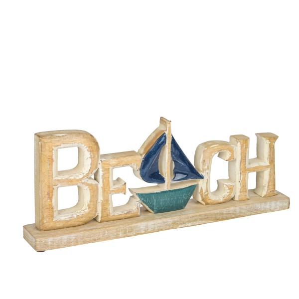 Schrifzug Beach mit Boot, 40x6x16cm, Holz/Emaille