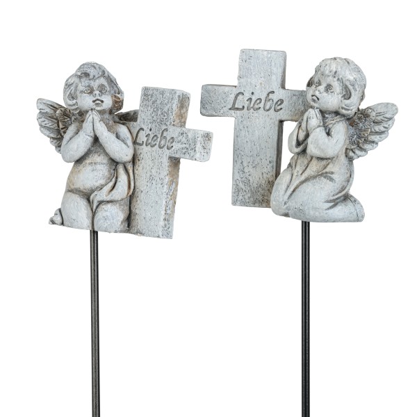 Poly Trauer-Stecker Engel mit Kreuz,2Mod /Texte sortiert, 7x4x17cm, grau antik