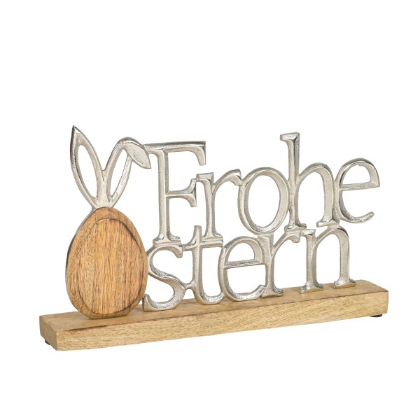 Schriftzug Frohe Ostern , 30x5x18cm, Aluguss auf Holzbase