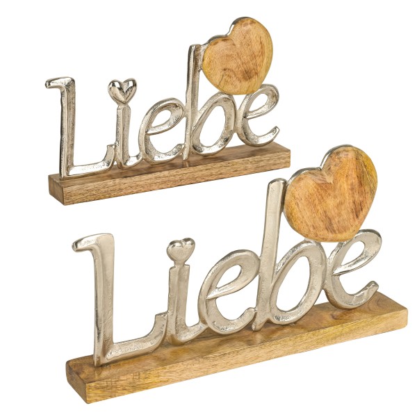 Schriftzug Liebe mit Herz, auf Holzbase Metall