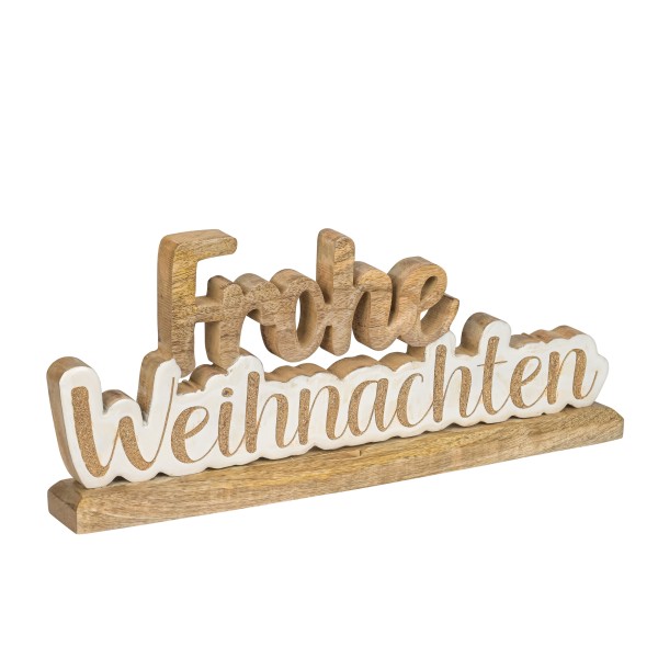 Schriftzug Frohe Weihnachten 40 cm, Holz, natur/weiß/gold