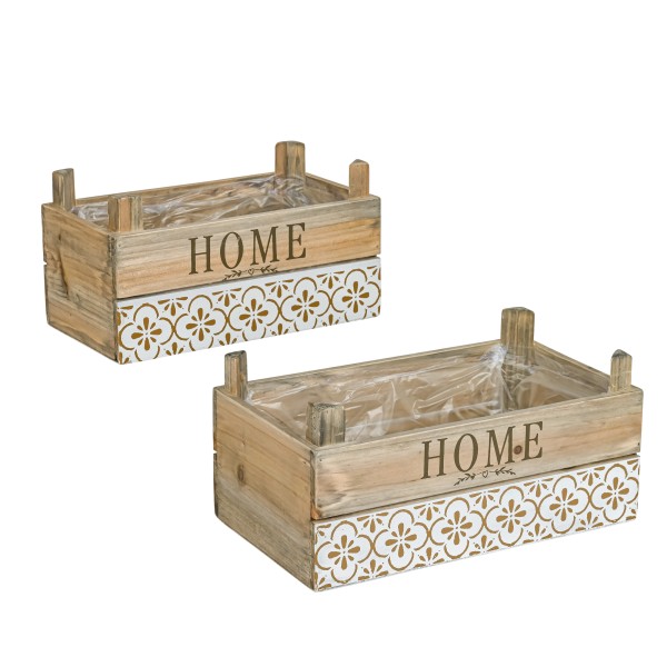 Holz Pflanz-Kiste rechtecking Home Set/2, 24x13xh10 / 28x1619xh11 cm