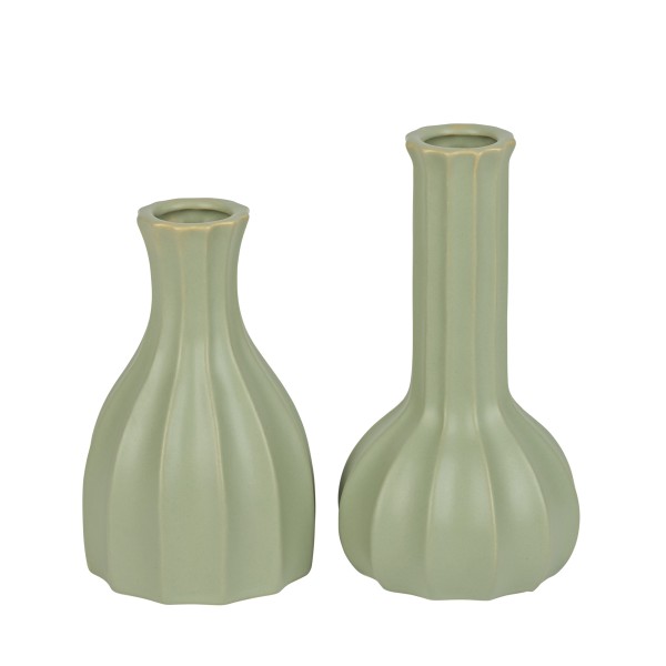 Keramik-Vase gewellt, 2 Modelle sortiert 9,5xh15/17,5cm, salbei matt glasiert