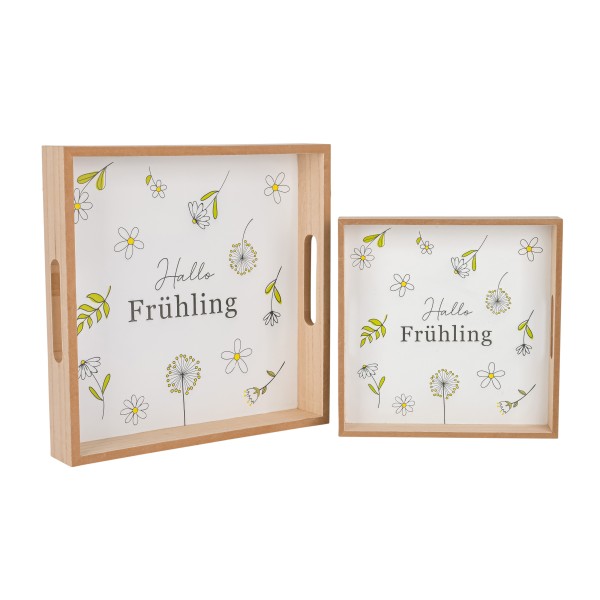 Holztablett Hallo Frühling , weiß-grün, Set/2, 23x23x4cm&30x30x5cm